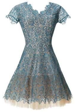 nha khanh On Cloud Nine Teal Blue Lace Tulle Cap Sleeve V-Neck Mini Dress Sz 10